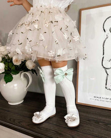 Girl | Emma Linen Bow Socks Eggshell Bow | White x Blue