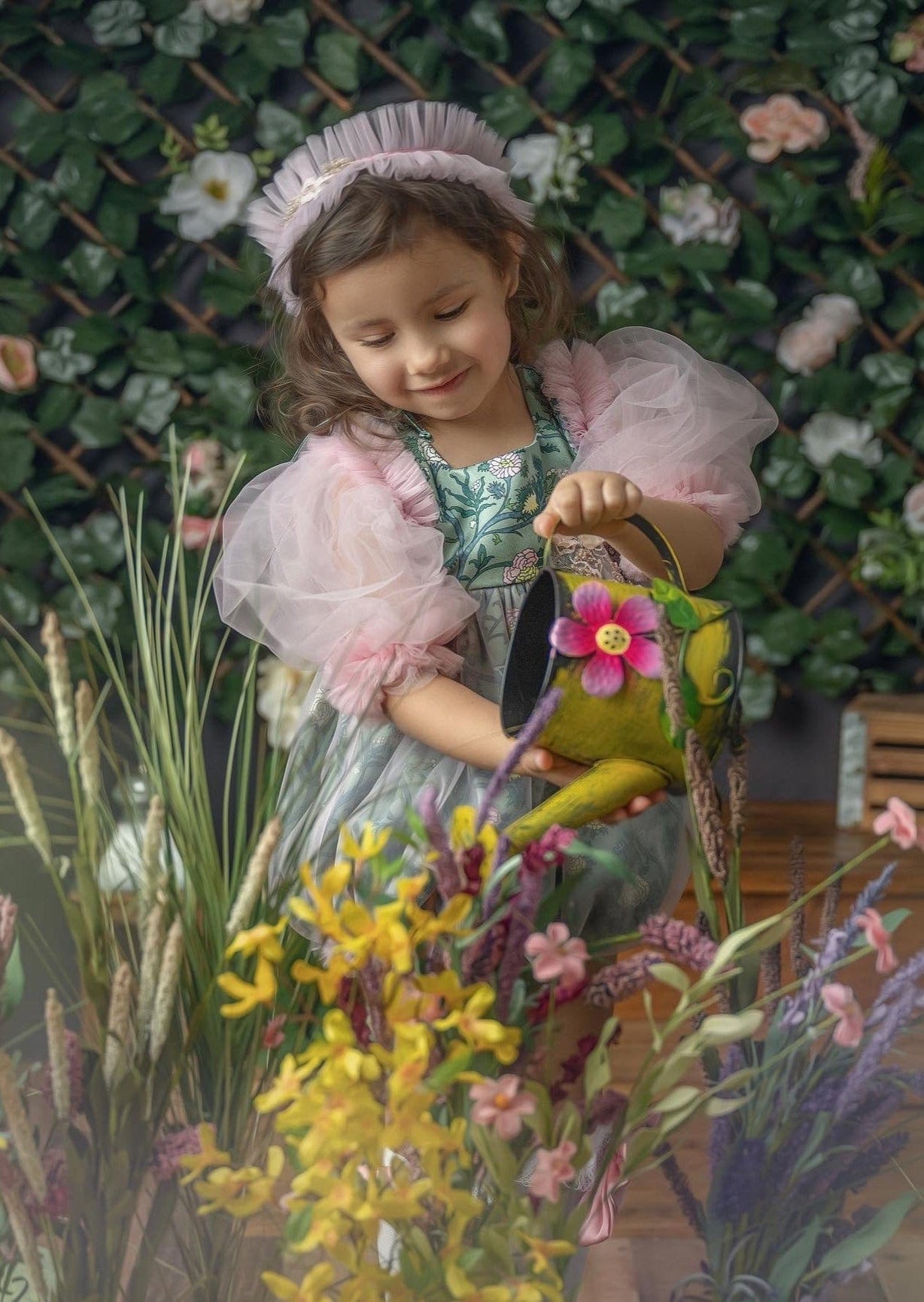 Girl | Eva and Floral Tulle Romper | Pink x Green