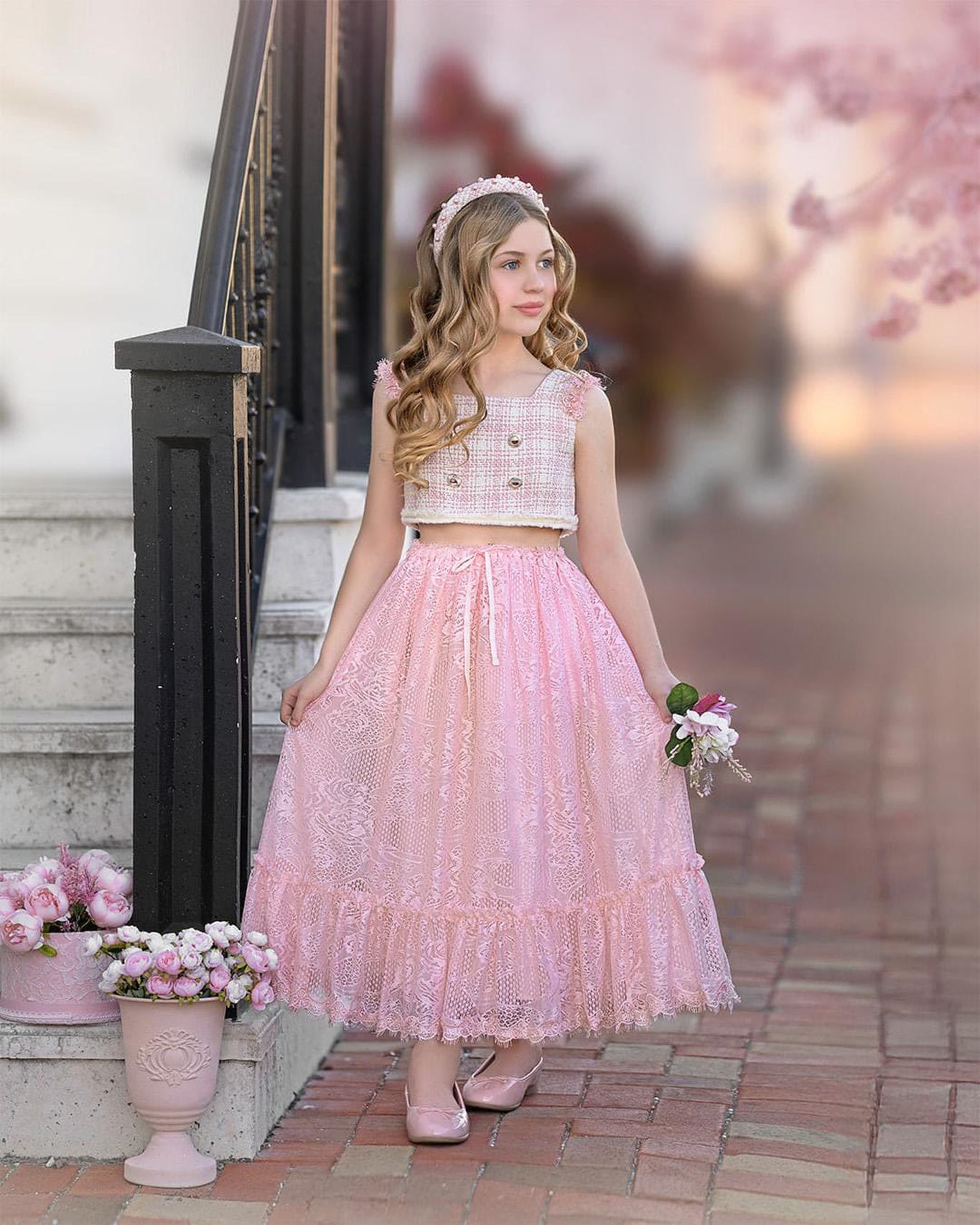 Girl | Molly Tweed Top and Lace Skirt Set | Pink