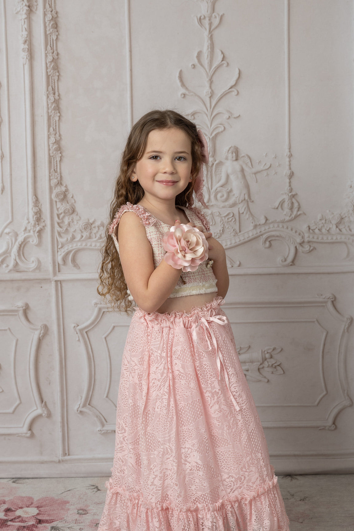 Girl | Molly Tweed Top and Lace Skirt Set | Pink