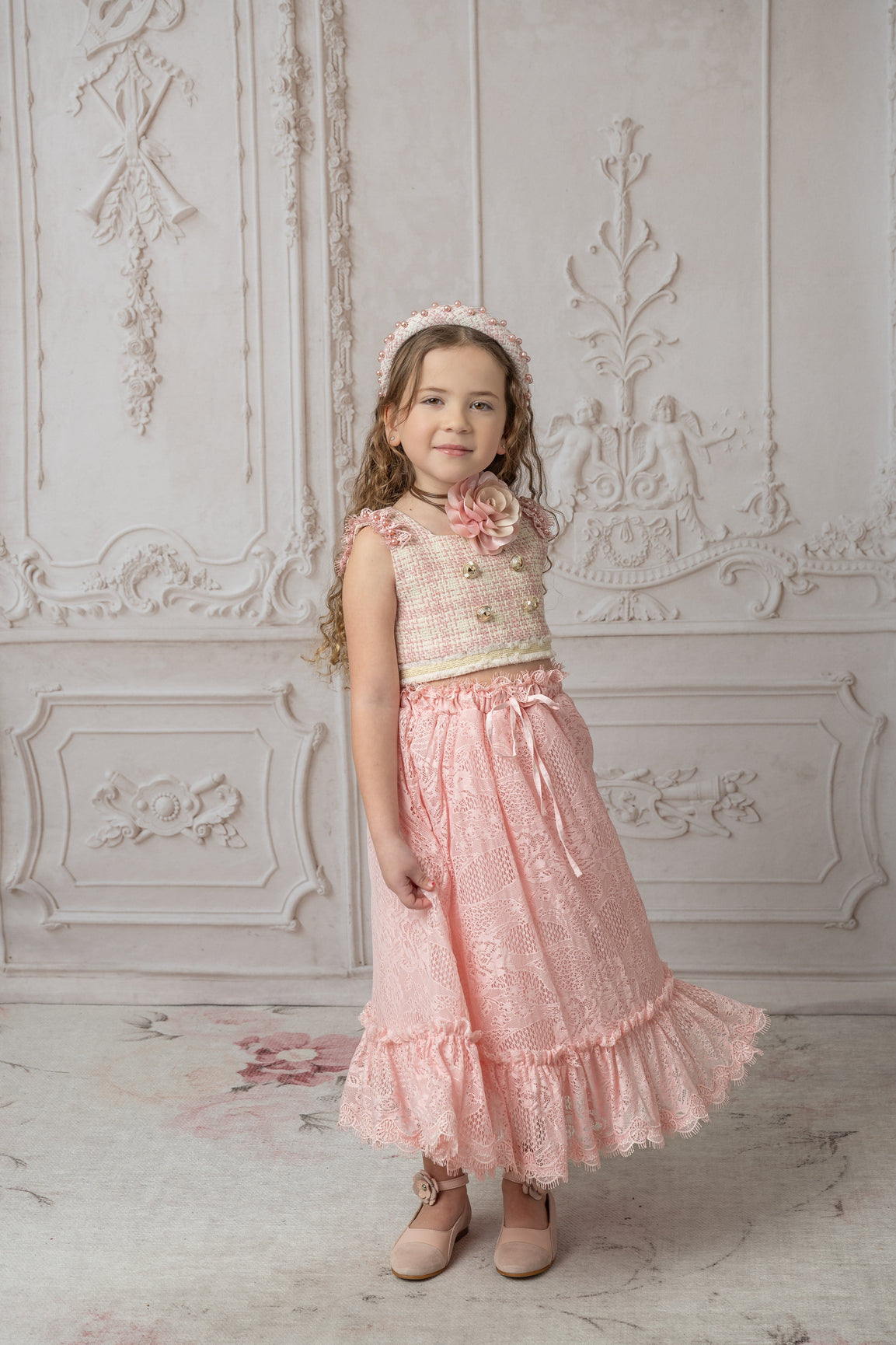 Girl | Molly Tweed Top and Lace Skirt Set | Pink