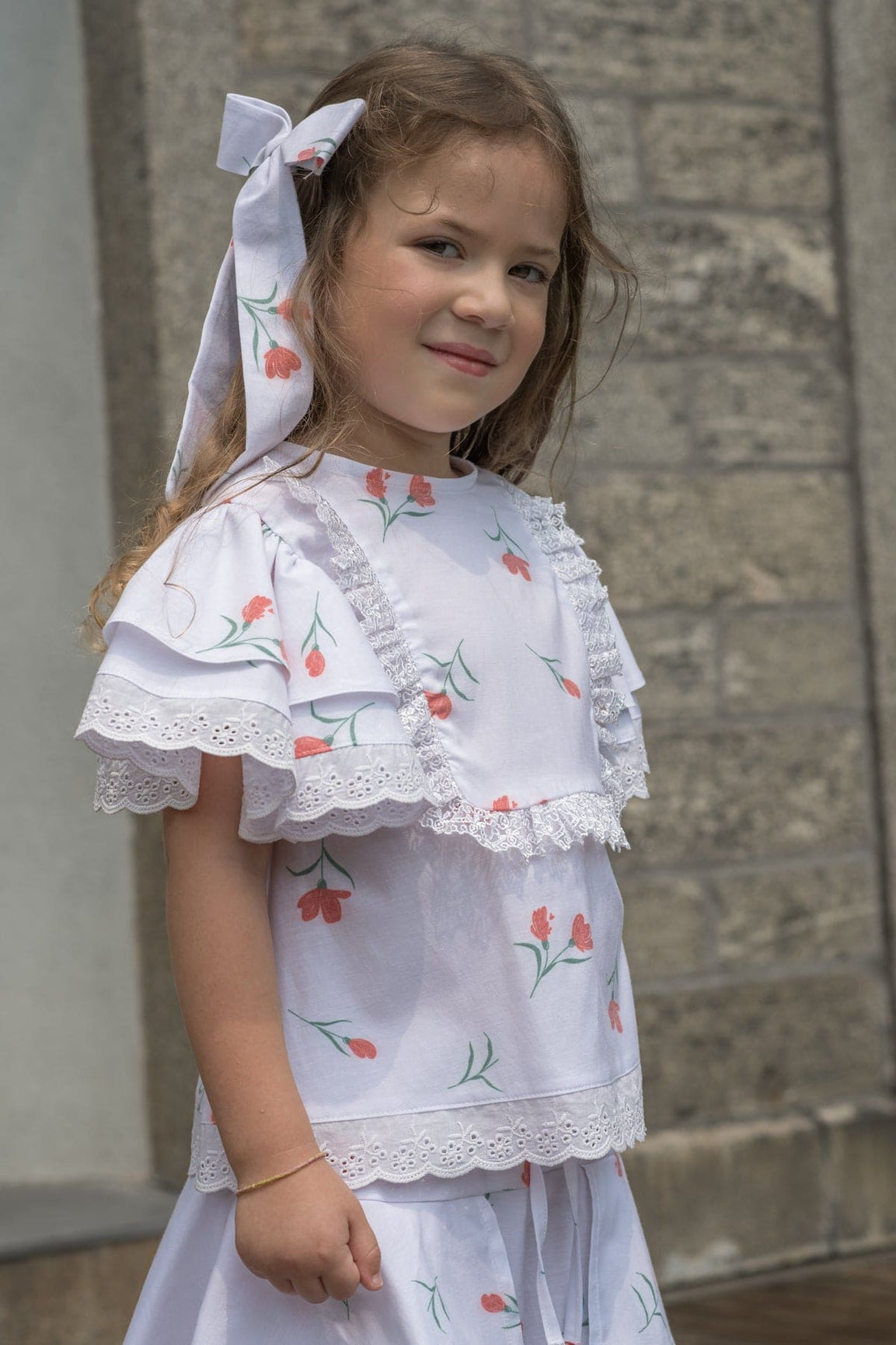 Girl | Tulip Print Cotton Hair Bow | White