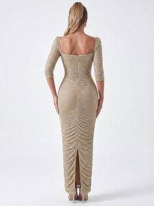 Sorrel Ruched Chiffon Long Maxi Dress | Gold