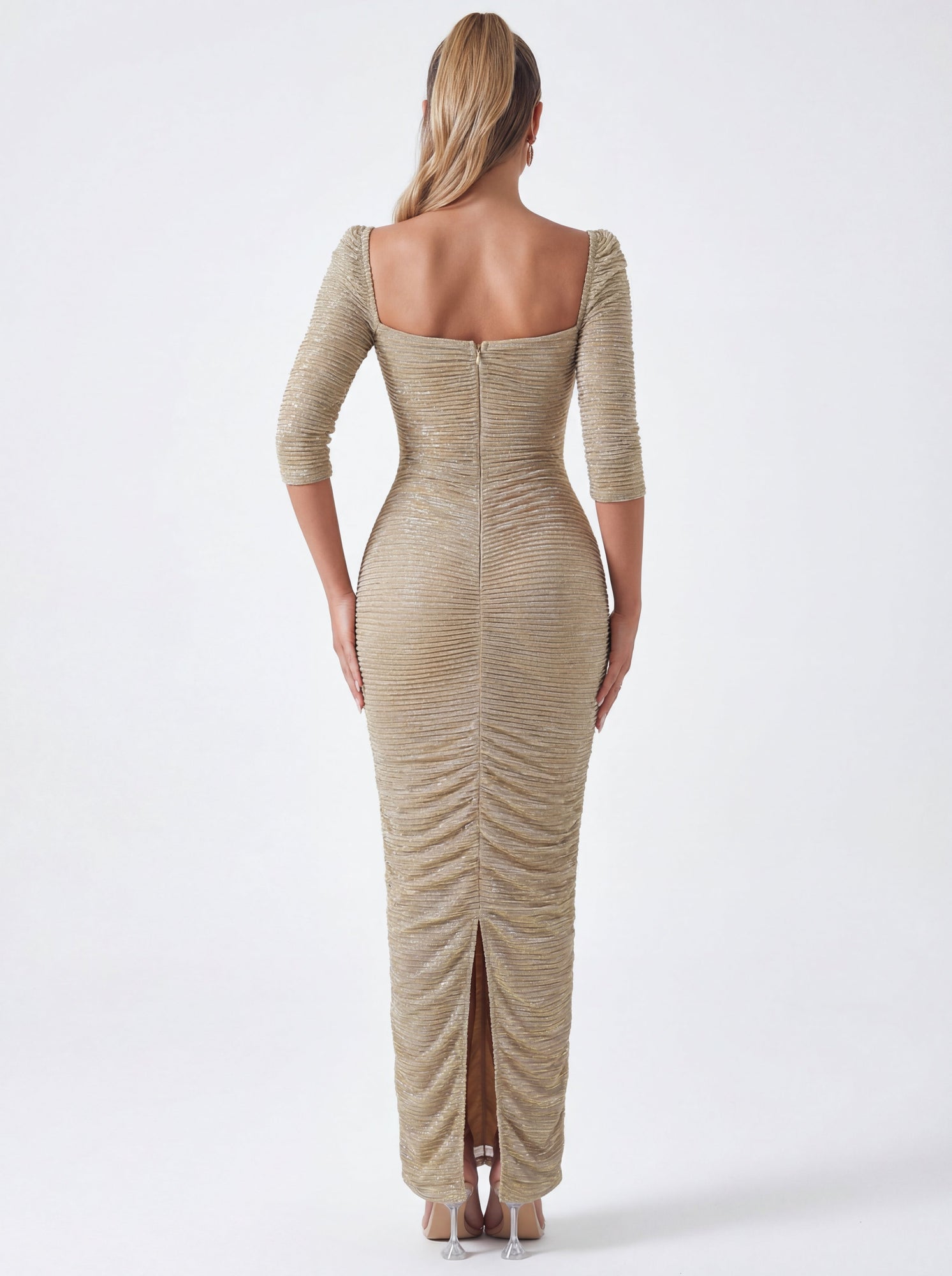 Sorrel Ruched Chiffon Long Maxi Dress | Gold