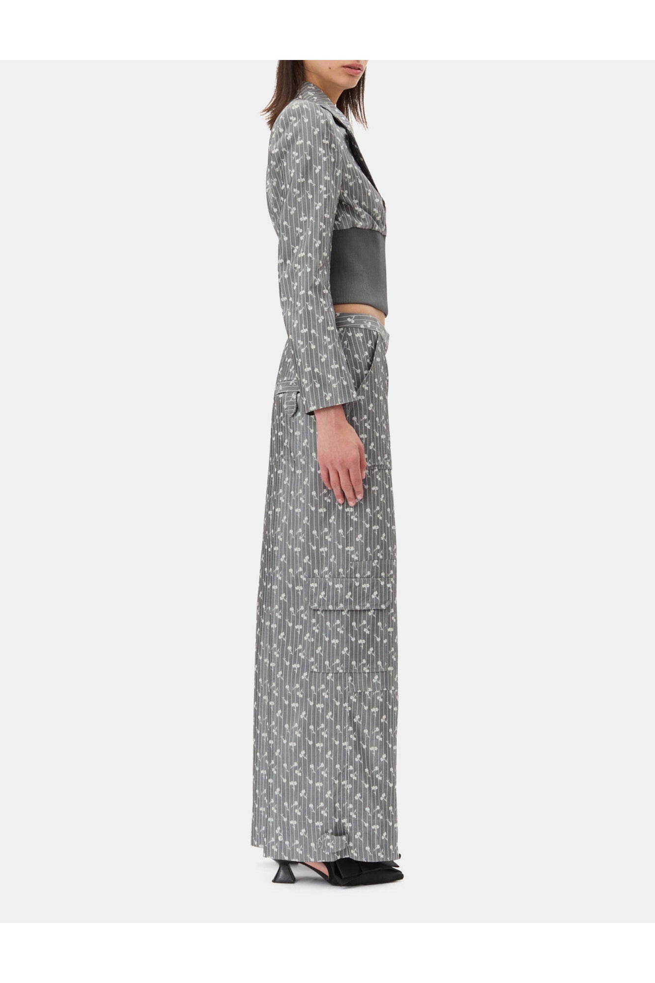 Grey Jacquard Cropped Blazer | Smoked Pearl