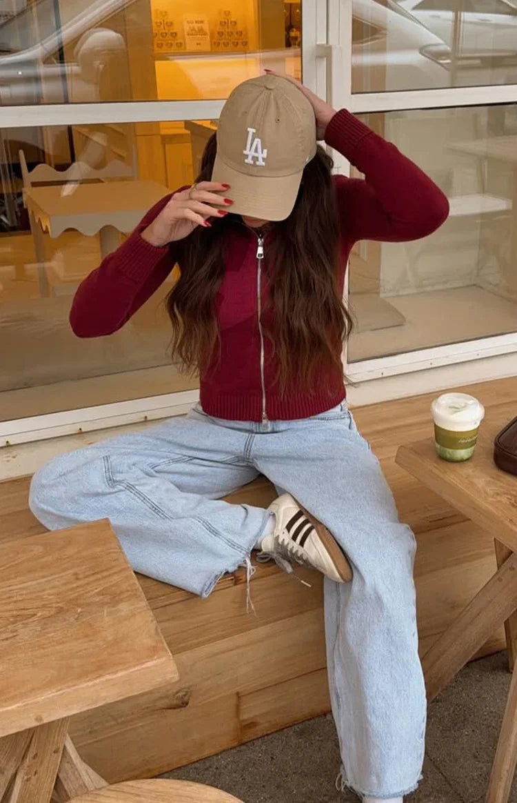 Beginning Boutique Groove Burgundy Star Zip Up Knit Sweater burgundy knit cropped zip-up sweater with subtle star pattern