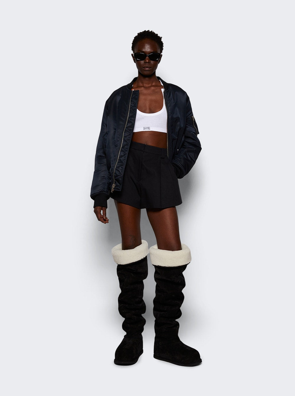 Women | Amina Muaddi | Heidi Thigh High Boot Crosta And Ivory Shearling | Black