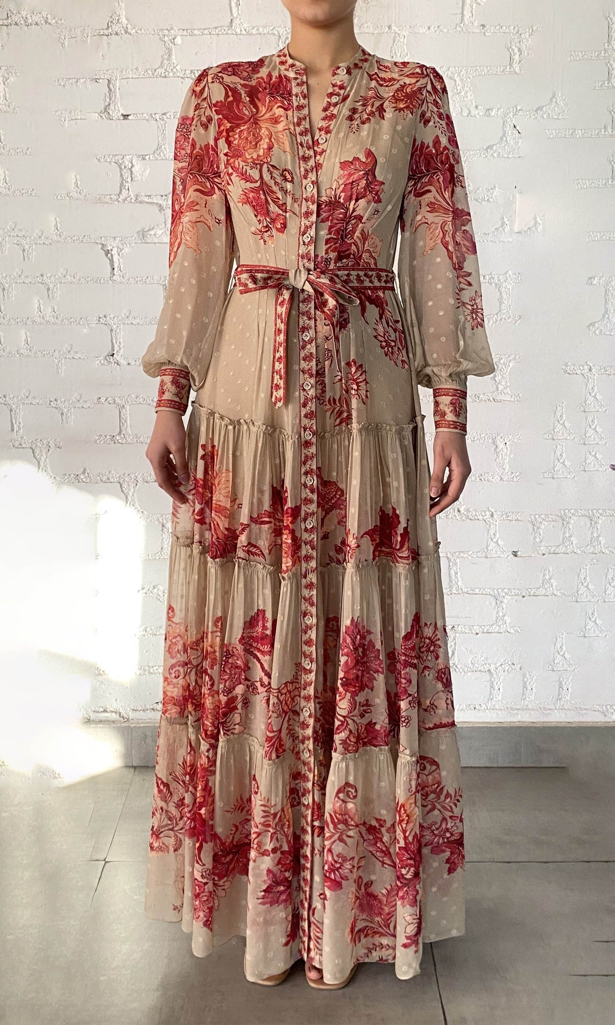 Hemant And Nandita | Aafa Viscose Georgette Stripe Lurex Long Shirt Dress With Tie Up Belt And Slip | Red Beige