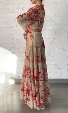Hemant And Nandita | Aafa Viscose Georgette Stripe Lurex Long Shirt Dress With Tie Up Belt And Slip | Red Beige