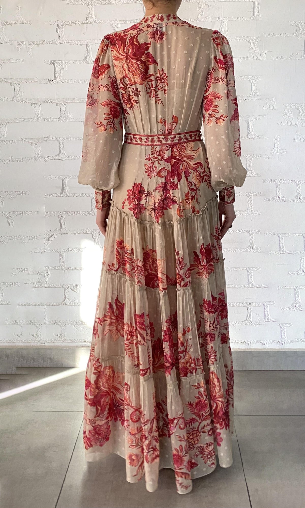 Hemant And Nandita | Aafa Viscose Georgette Stripe Lurex Long Shirt Dress With Tie Up Belt And Slip | Red Beige