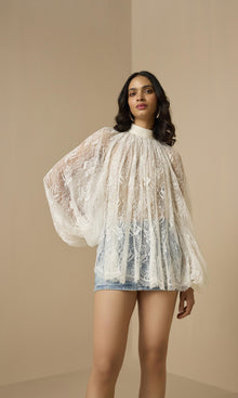 Hemant And Nandita | Adra Nylon Flower Boho Top With Cami | Off White