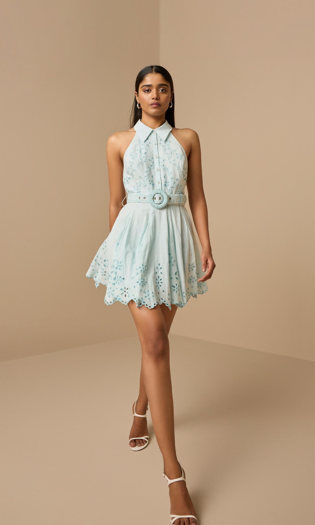 Hemant And Nandita | Adya Cotton Cambric Short Dress With Buckle Belt | Light Blue