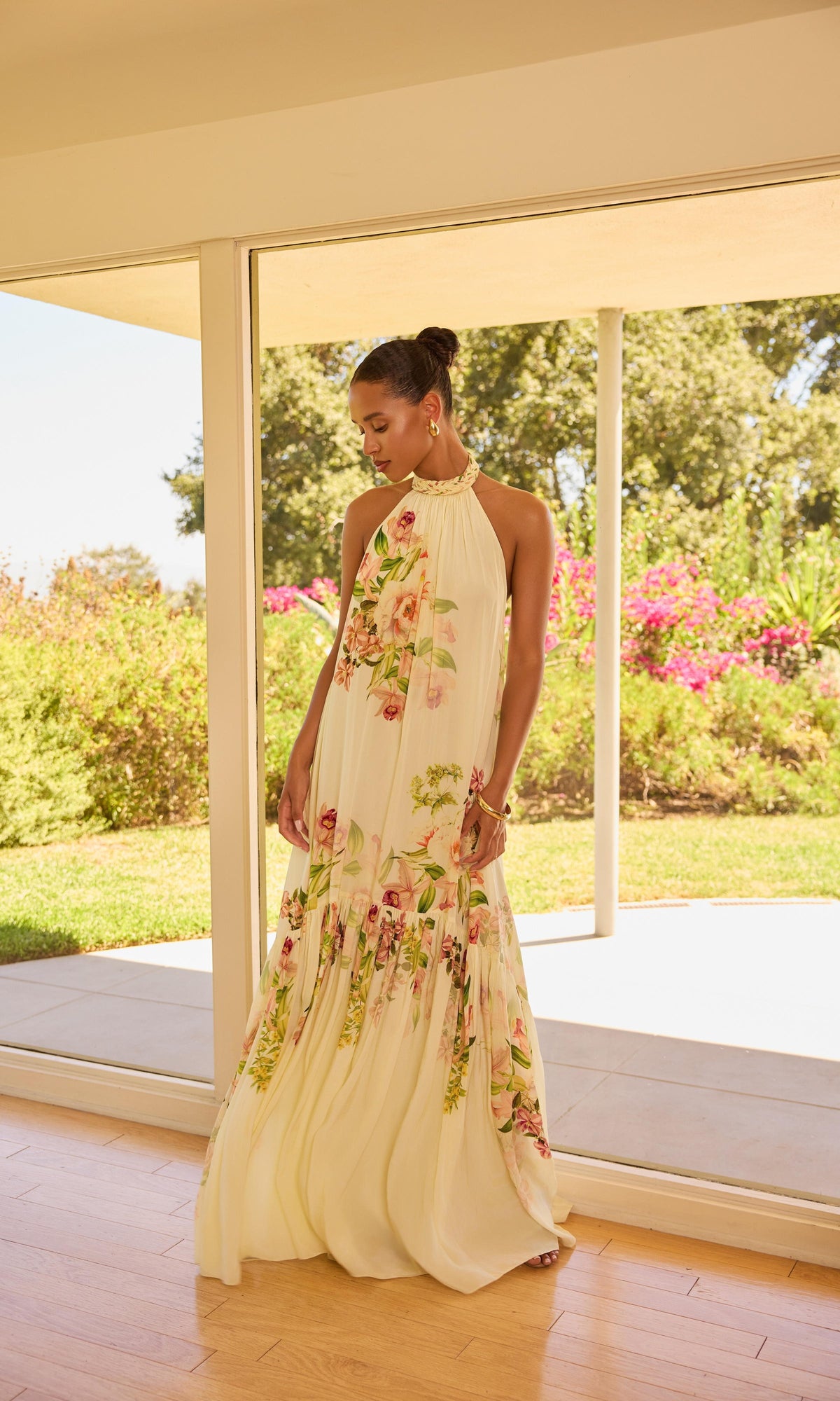Womens | Aiva Viscose Natural Crepe Long Dress | Ivory Floral