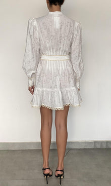 Womens | Anvi Viscose Nylon Jacquard Short Dress With Handcrafted Button And Tie Belt | White