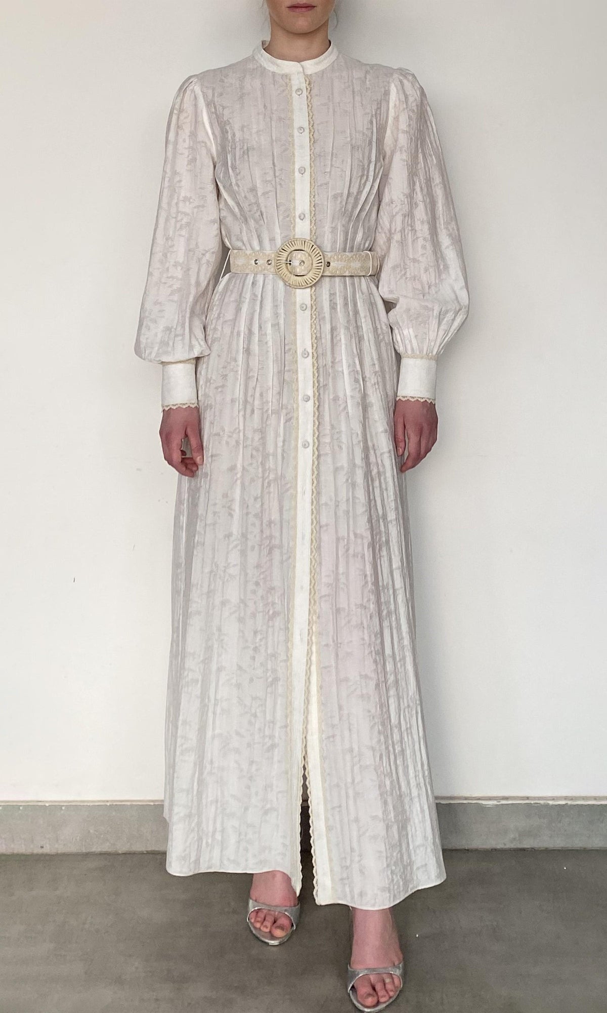 Hemant And Nandita | Anvi Viscose Nylon Jacquard Shirt Dress With Handcrafted Buttons And Belt | White