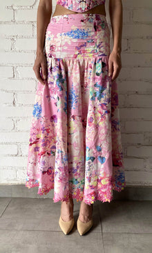 Hemant And Nandita | April Linen Cotton Long Skirt | Pink Floral