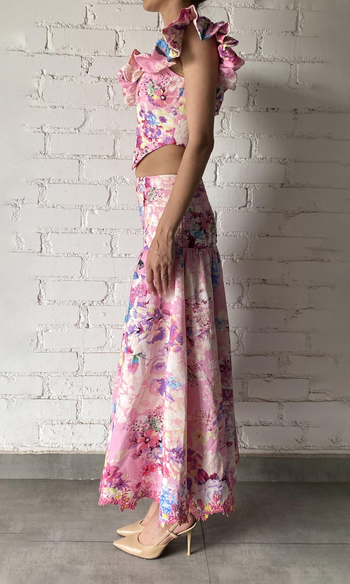 Hemant And Nandita | April Linen Cotton Long Skirt | Pink Floral