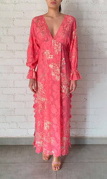 Womens | Asha Viscose Flower Jacquard Kaftan | Pink