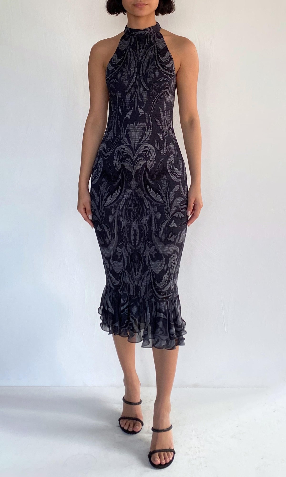 Hemant And Nandita | Atri Viscose Flat Chiffon Halter Neck Smocked Midi Dress | Grey
