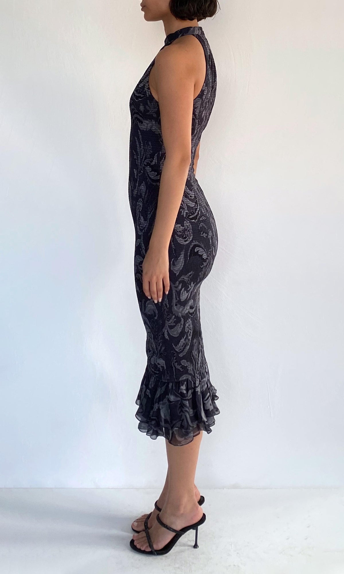 Hemant And Nandita | Atri Viscose Flat Chiffon Halter Neck Smocked Midi Dress | Grey