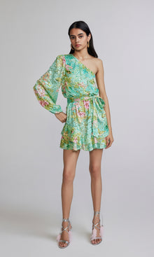 Womens | Azra Viscose Nylon Lurex Brasso Short Dress With Belt | Teal Floral