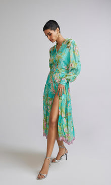 Hemant And Nandita | Azra Viscose Ggt Gold Silver Stripe Lurex Long Shirt Dress With Buckle Belt And Slip | Teal Floral