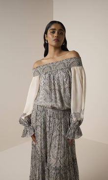 Hemant And Nandita | Chavi Viscose Flat Chiffon Smocked Detail Off Shoulder Top | Eggshell