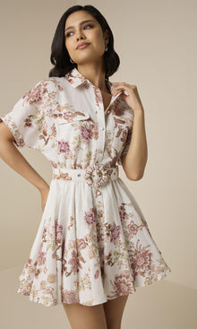 Hemant And Nandita | Diza Linen Cotton Short Dress With Buckle Belt | White