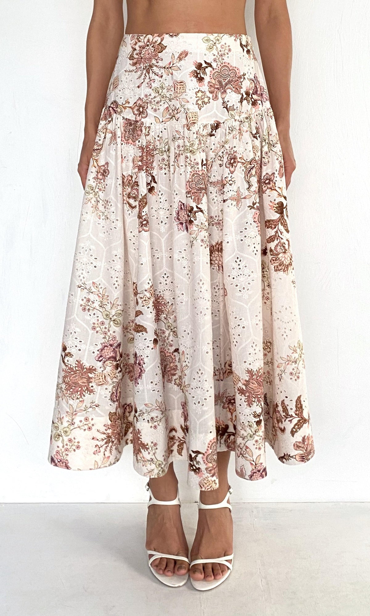 Hemant And Nandita | Diza Cotton Schiffli Midi Skirt | White