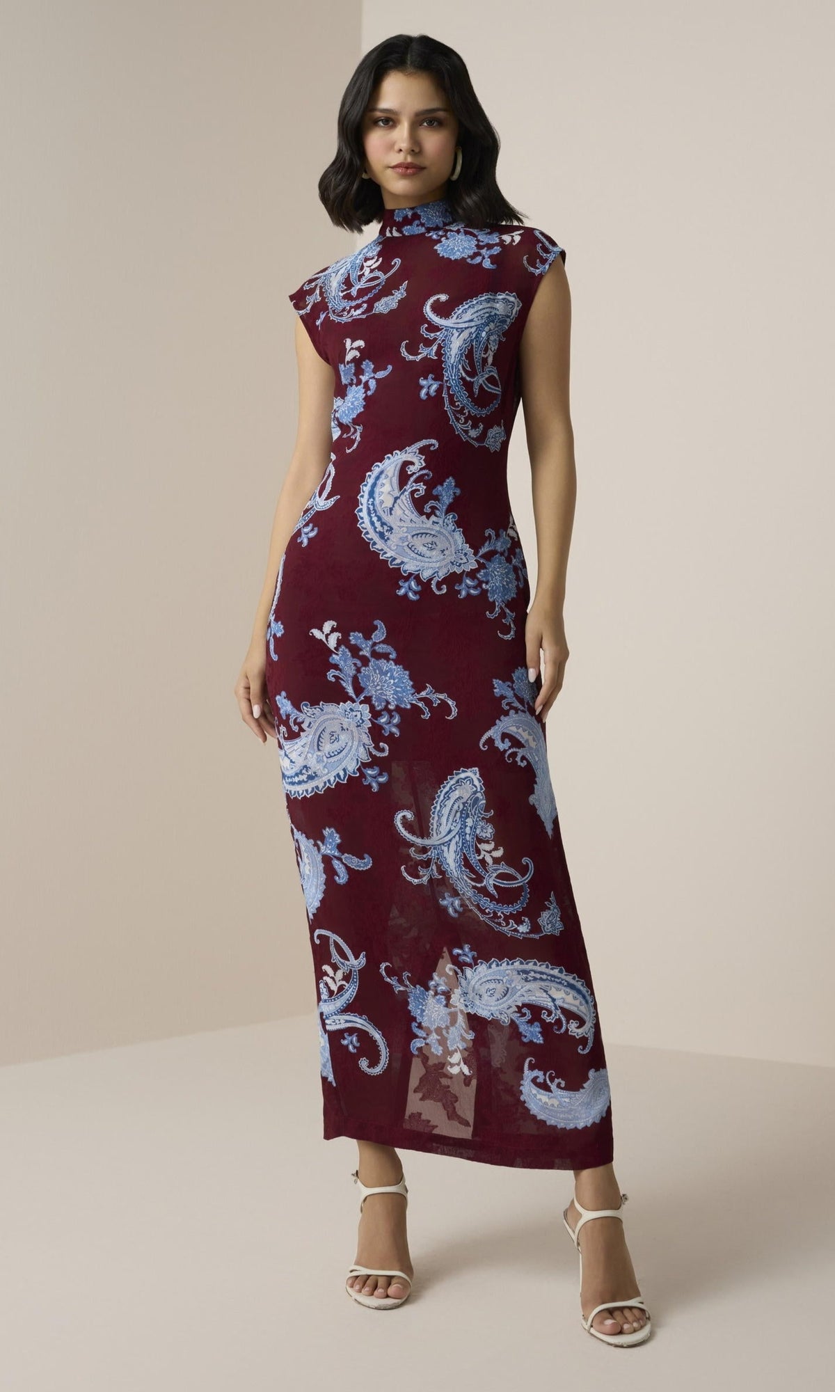 Womens | Hiba Viscose Georgette Jacquard Long Dress | Merlot