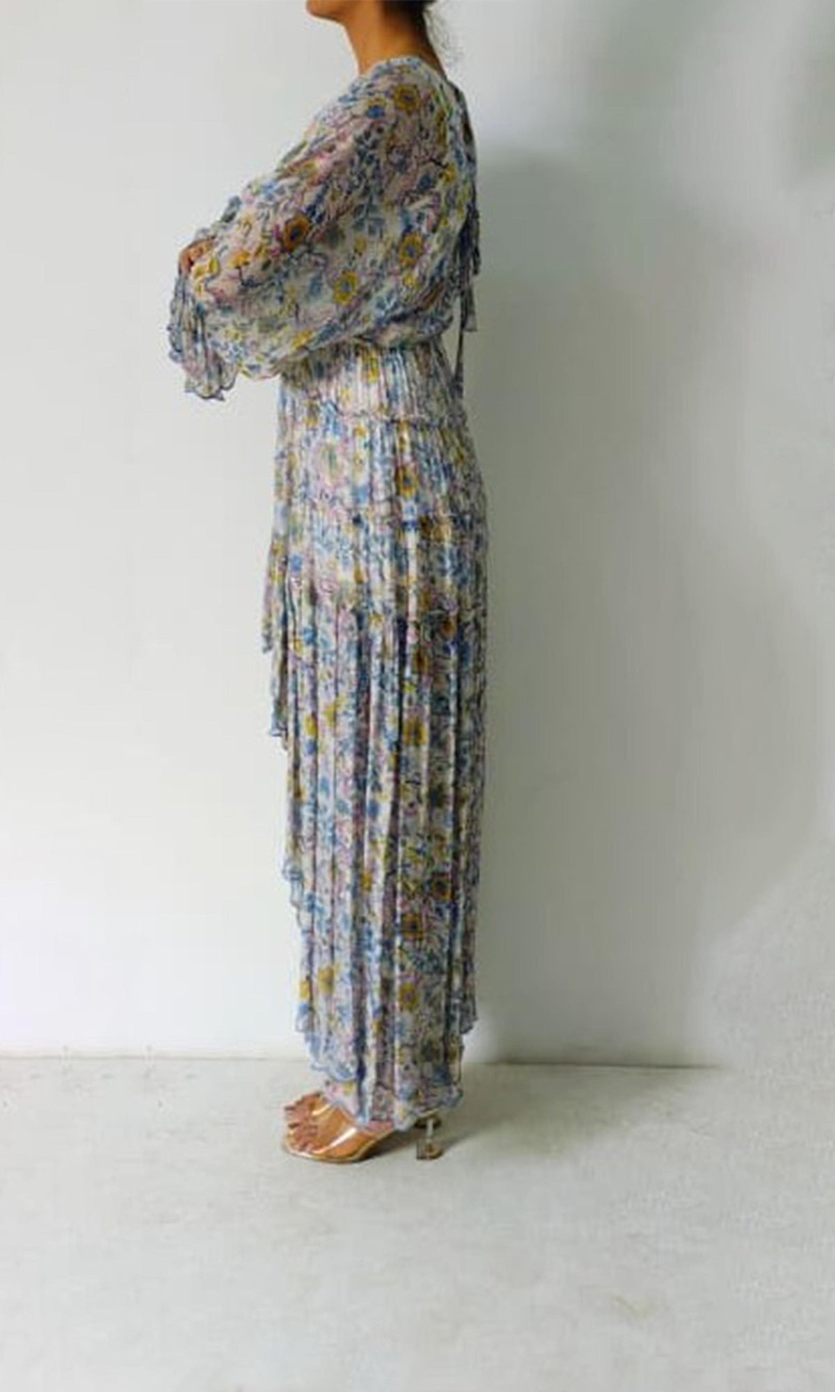 Hemant And Nandita | Inv Viscose Shiffone Deep Neck Long Dress | Light Blue