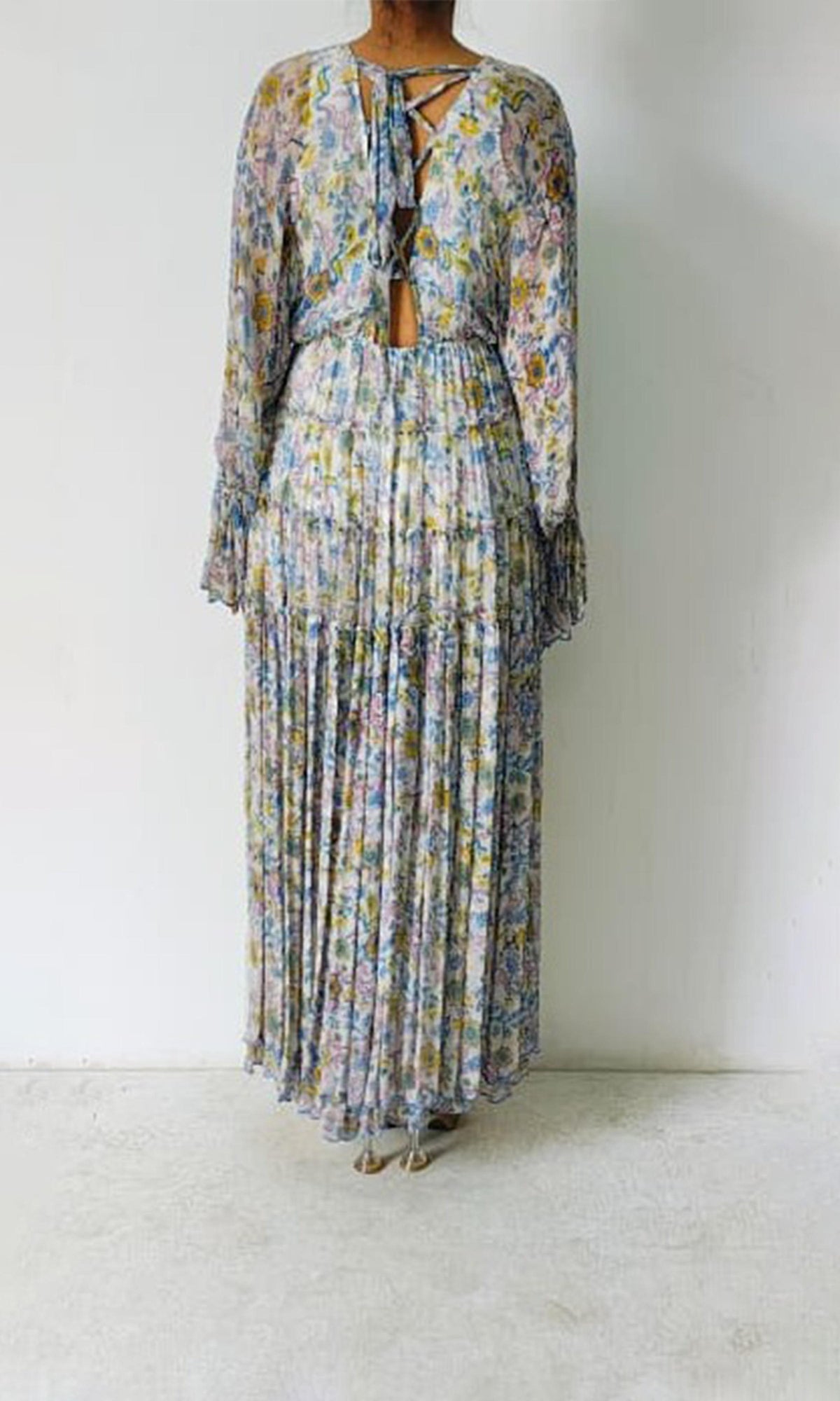 Hemant And Nandita | Inv Viscose Shiffone Deep Neck Long Dress | Light Blue
