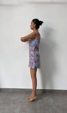 Womens | Inv Cotton Lilen Square Neck Short Dress | Blue Print Multi
