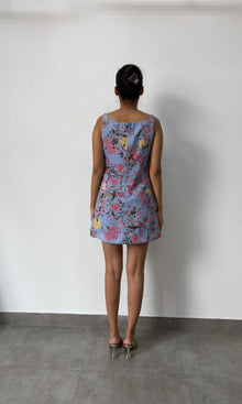 Womens | Inv Cotton Lilen Square Neck Short Dress | Blue Print Multi
