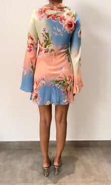 Hemant And Nandita | Inv Viscose Heavy Crepe Short Dress With Flared Bell Sleeves | Pink Floral