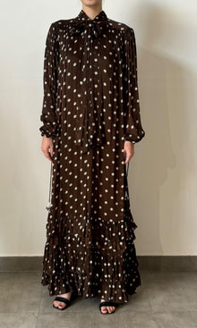 Hemant And Nandita | Inv Viscose Flat Chiffone Polka Dot Print Long Dress | Dark Brown