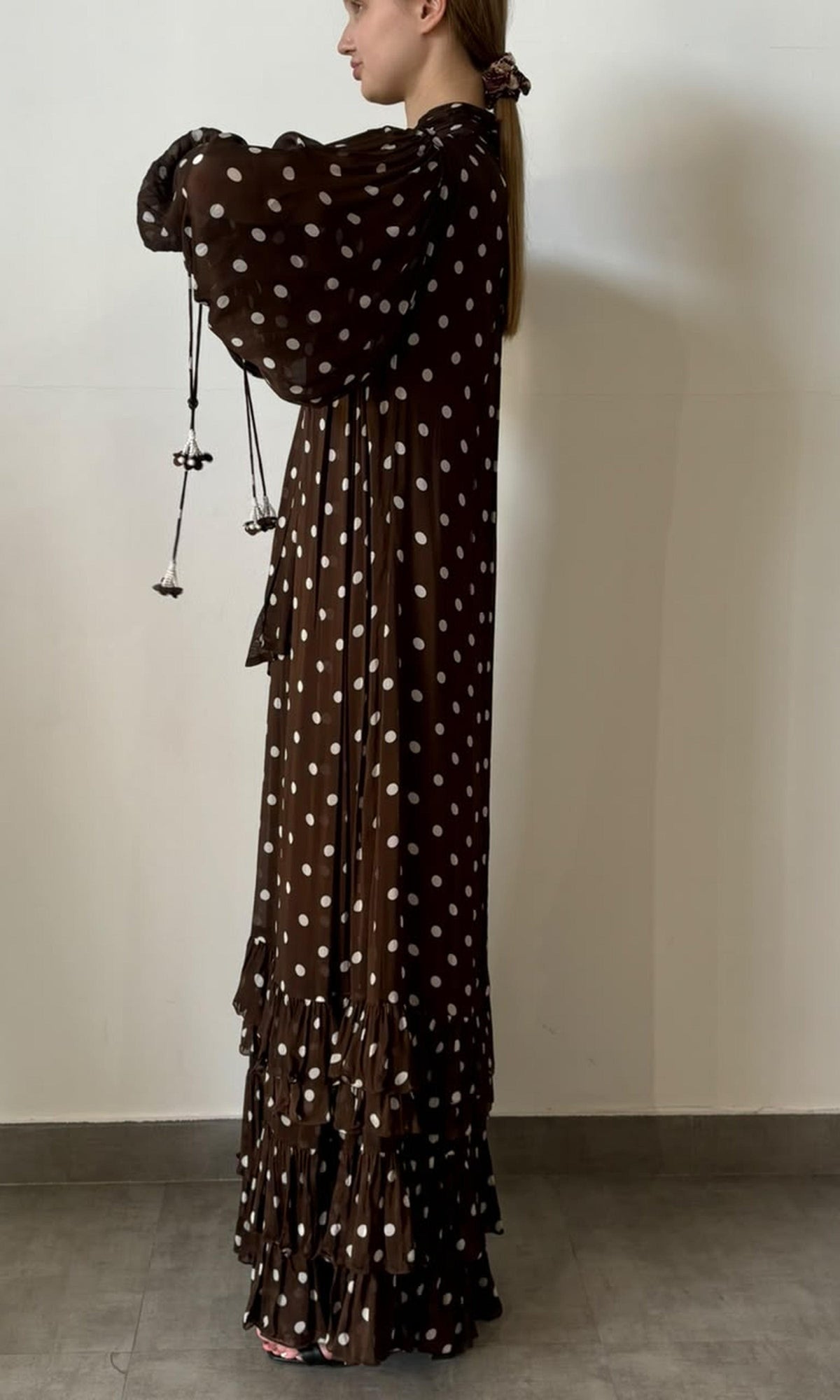Hemant And Nandita | Inv Viscose Flat Chiffone Polka Dot Print Long Dress | Dark Brown