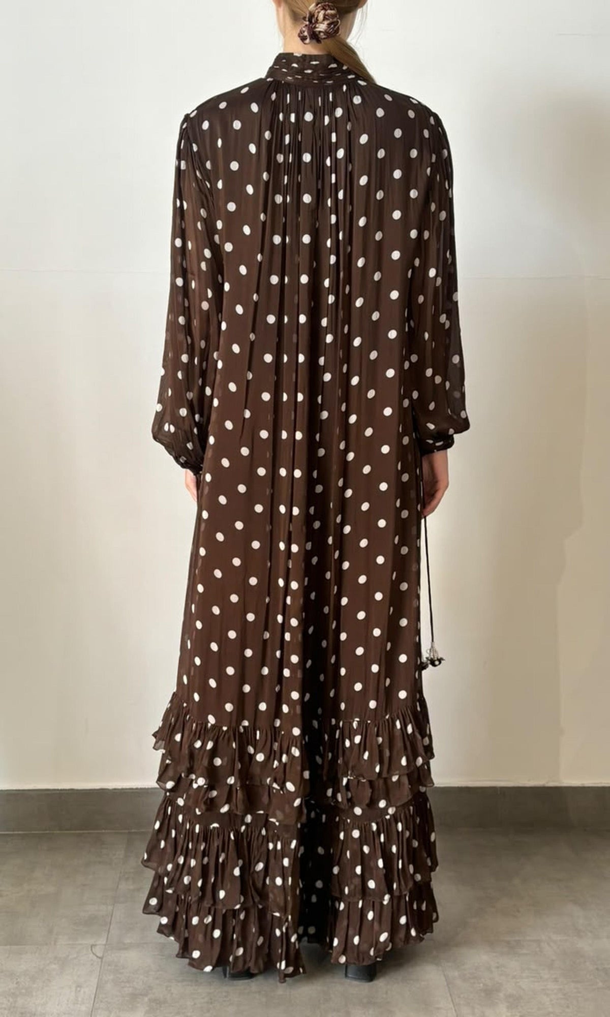 Hemant And Nandita | Inv Viscose Flat Chiffone Polka Dot Print Long Dress | Dark Brown