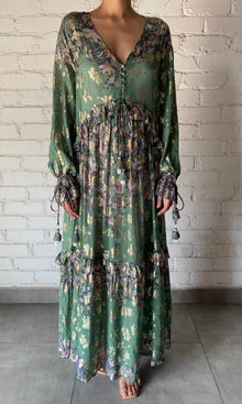 Hemant And Nandita | Inv Viscose Shimmer Georgette Lurex Long Dress | Green Print