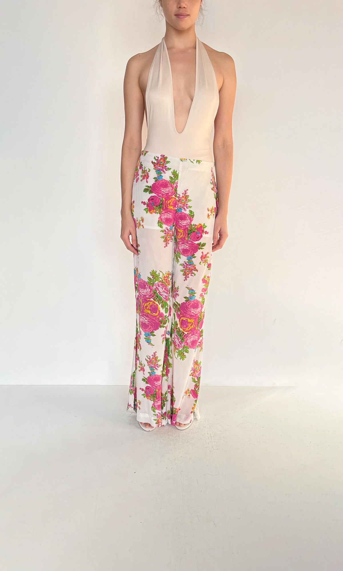 Womens | Inv Polyester Satin Lycra Floral Pants | White