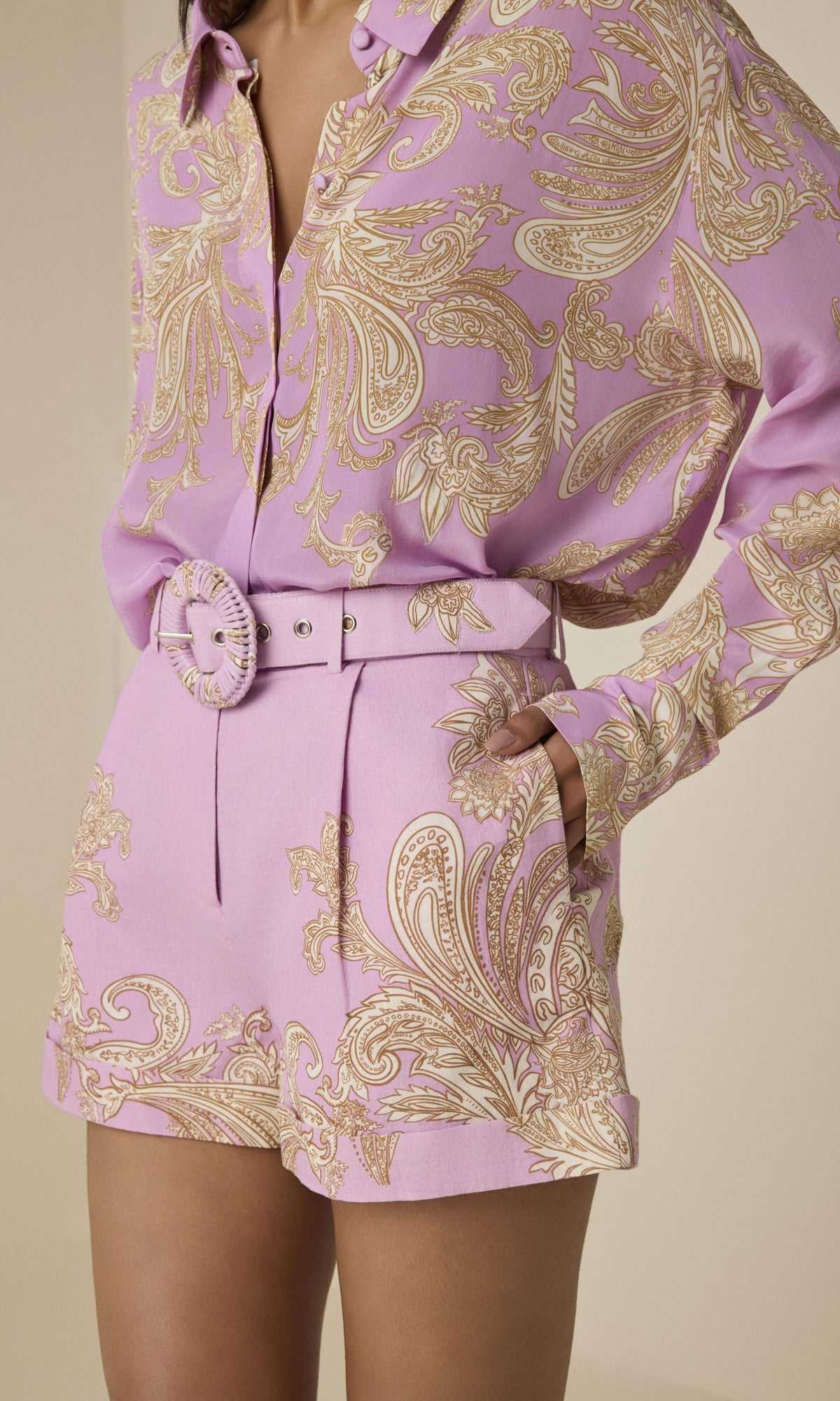 Hemant And Nandita | Jiah Linen Cotton Shorts With Buckle Belt | Lilac