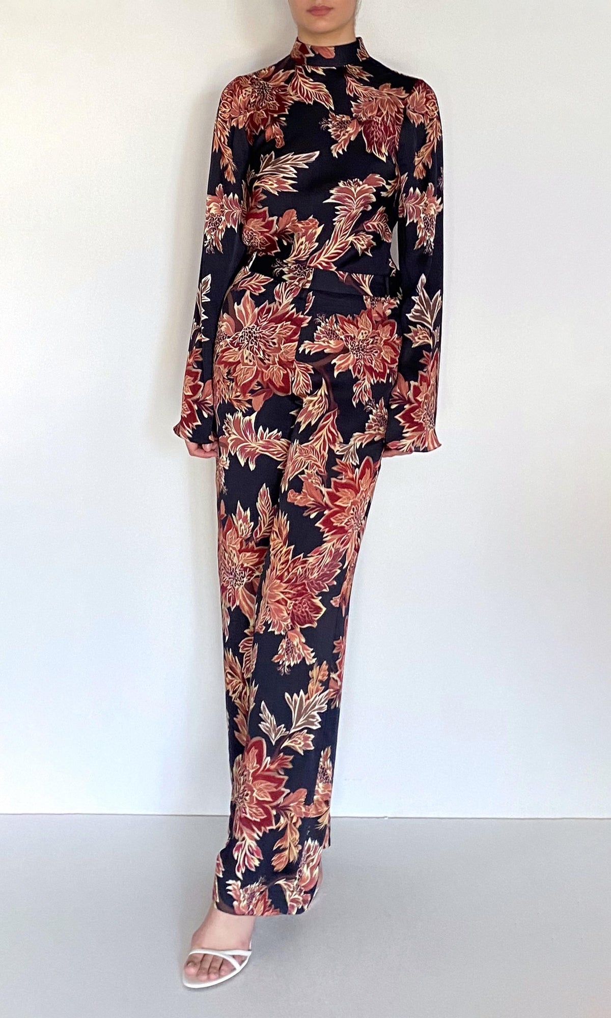 Hemant And Nandita | Johi Viscose Satin Straight Pants | Black Floral Print