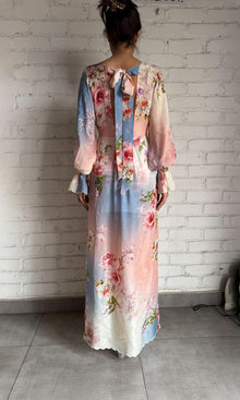 Womens | Kavi Georgette Jacquard Kaftan | Blue/Pink Floral