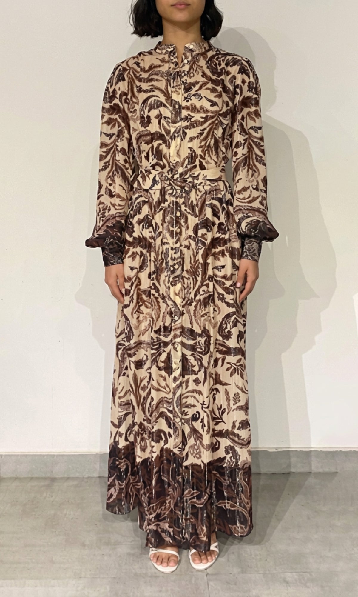 Womens | Lira Viscose Georgette-Gold Silver Lurex Stripe Shirt Dress | Eggshell