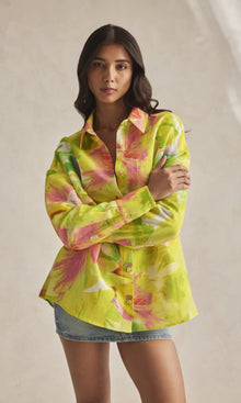 Womens | Mina Linen Cotton Oversized Shirt | Yellow Floral