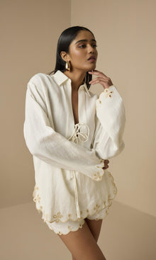 Hemant And Nandita | Nain Linen Cotton Drop Shoulder Collared Tunic | Off White