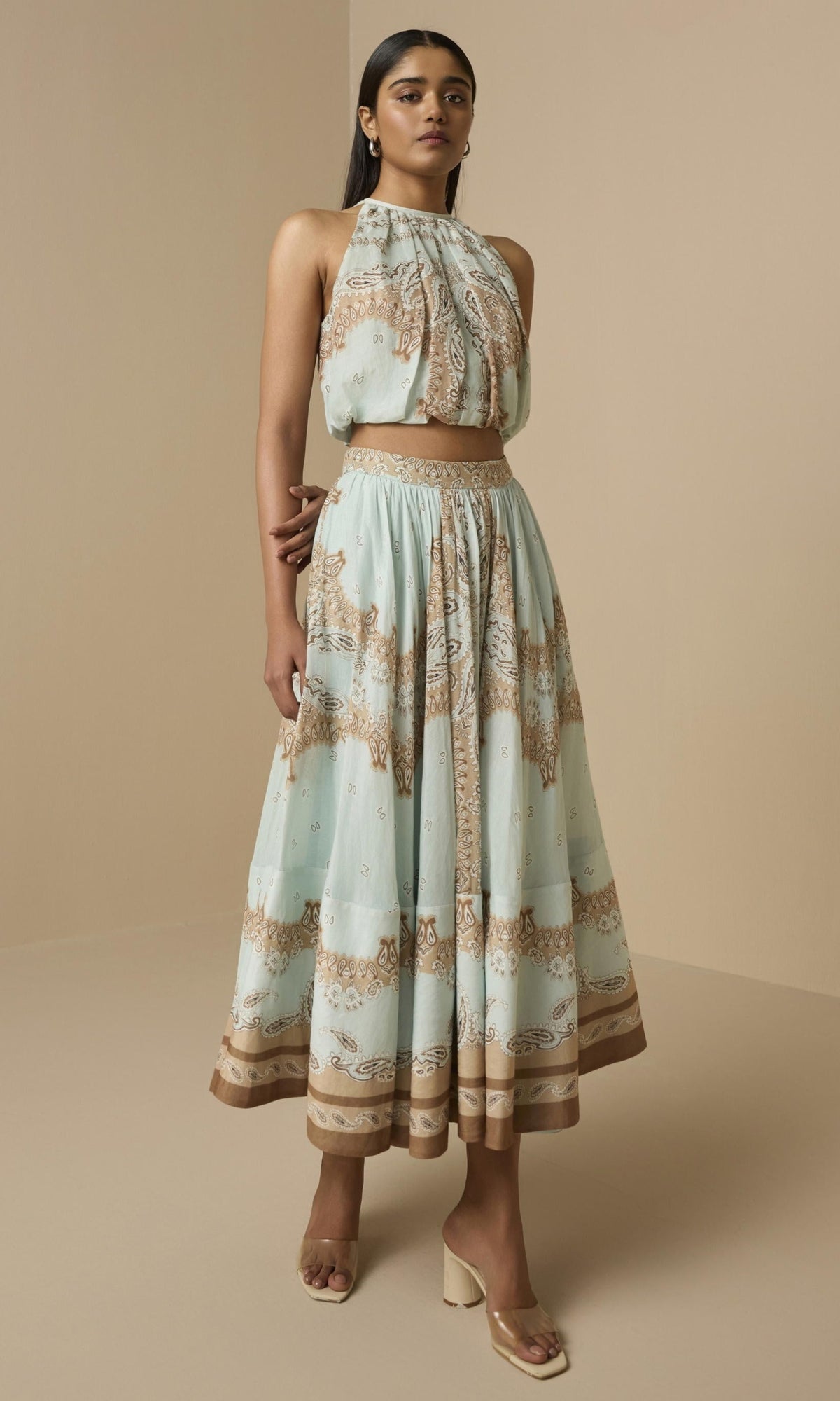 Hemant And Nandita | Navi Viscose Organza Linen Halter Neck Top | Blue Brown