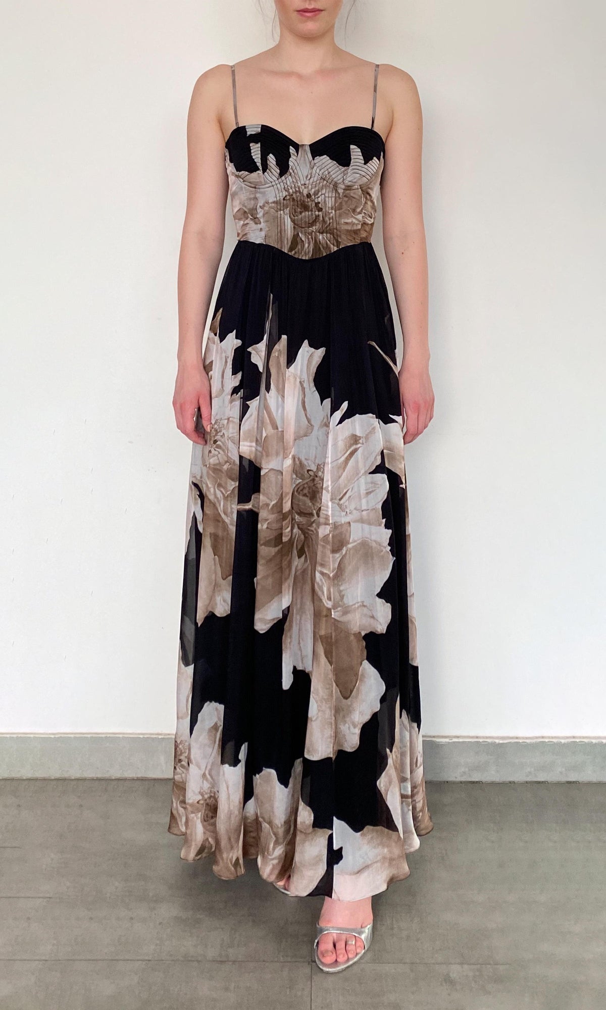 Hemant And Nandita | Niru Viscose Flat Chiffon Corsetted Long Dress | Black Multi