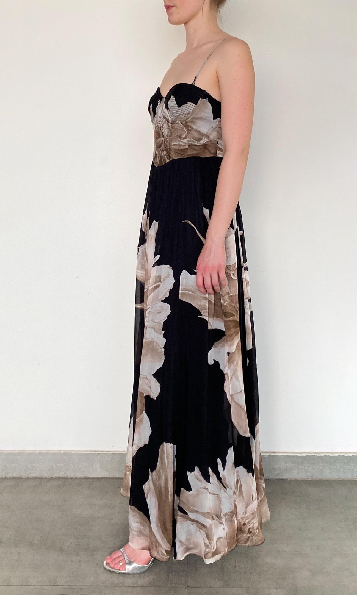 Hemant And Nandita | Niru Viscose Flat Chiffon Corsetted Long Dress | Black Multi