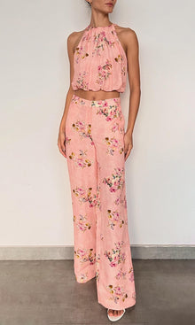 Hemant And Nandita | Niva Viscose Organza Linen Halter Neck Top | Pink Floral